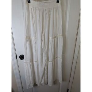 Angie White Boho Wide Leg Pants Smocked Waist Tiered Crochet Lace Gauze Large